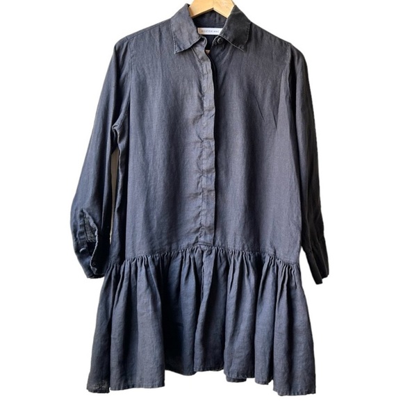 Morton Mac Black Linen Pleated Peplum Lotte Long Sleeve Shirt Dress OS - Picture 3 of 16